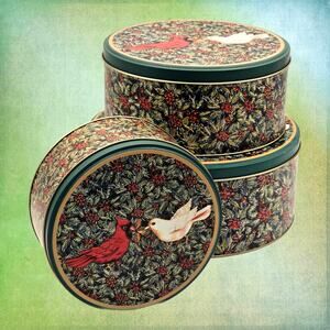 Merry Christmas Tin Storage Set - Cardinal, Dove, Floral Berry Design